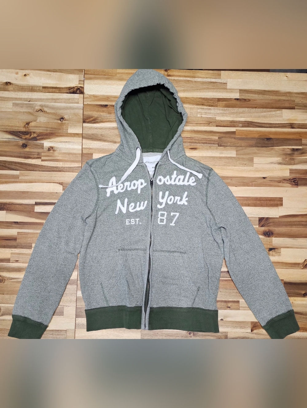 Aeropostale Gray Zip-Up Hoodie with Olive Hood Lining